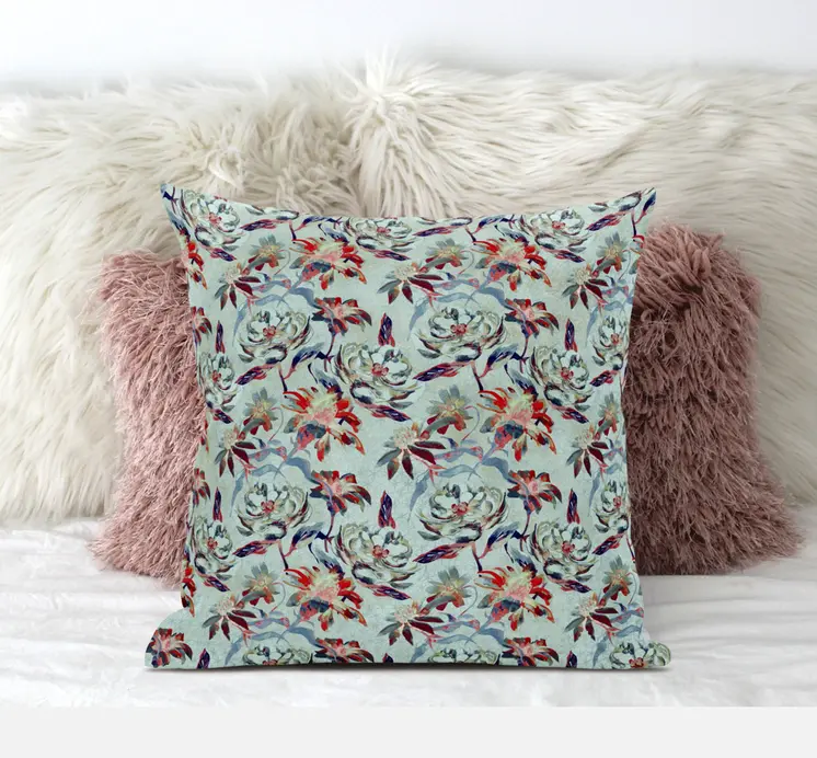 20" Red Aqua Roses Suede Throw Pillow