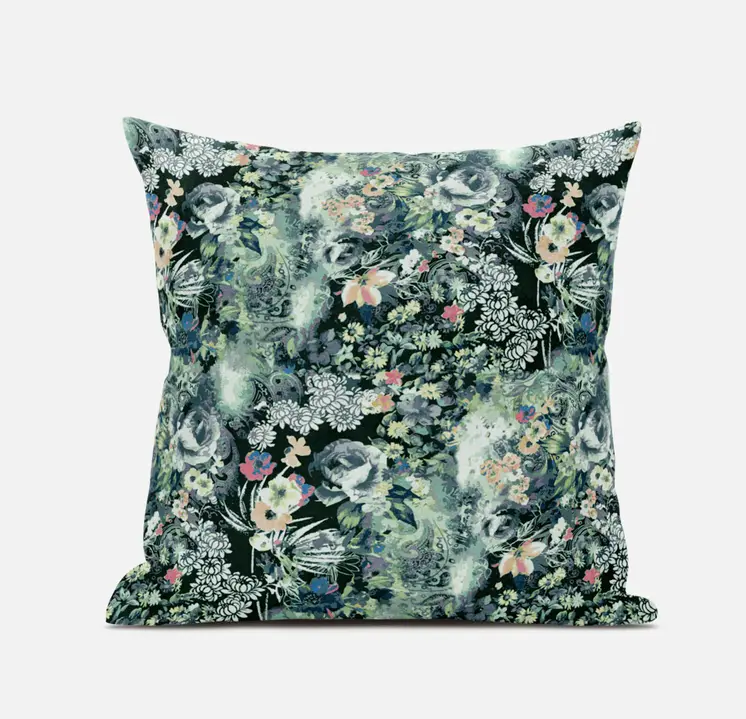 16" Green Black Springtime Suede Throw Pillow