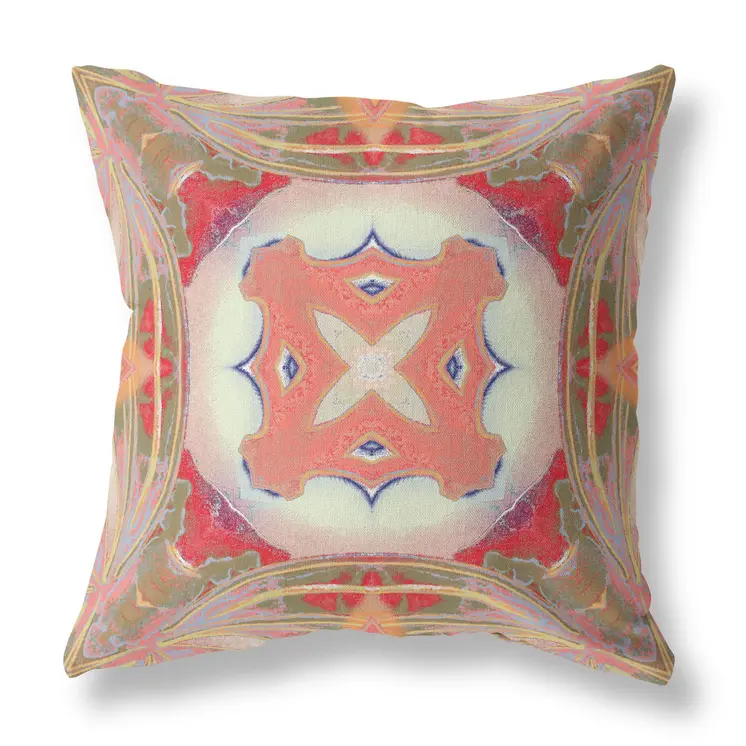 26” Peach Green Geo Tribal Indoor Outdoor Throw Pillow