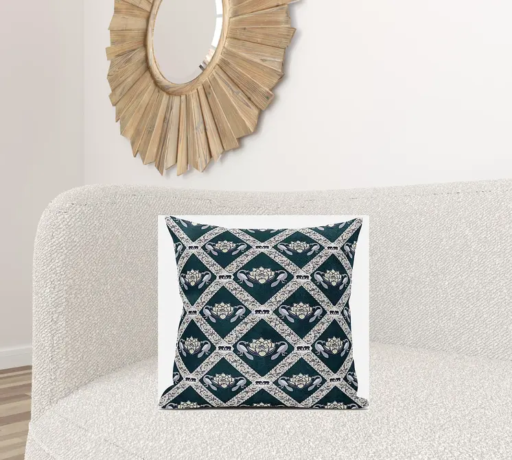 20" X 20" Dark Green Yellow Gray Lotus Floral Blown Seam Suede Throw Pillow