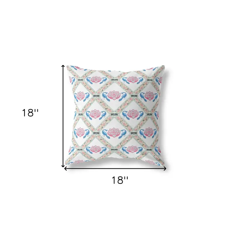 18" X 18" White Blue Gray Lotus Floral Blown Seam Suede Throw Pillow