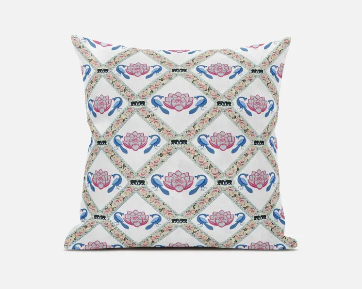 20" X 20" White Blue Gray Lotus Floral Blown Seam Suede Throw Pillow