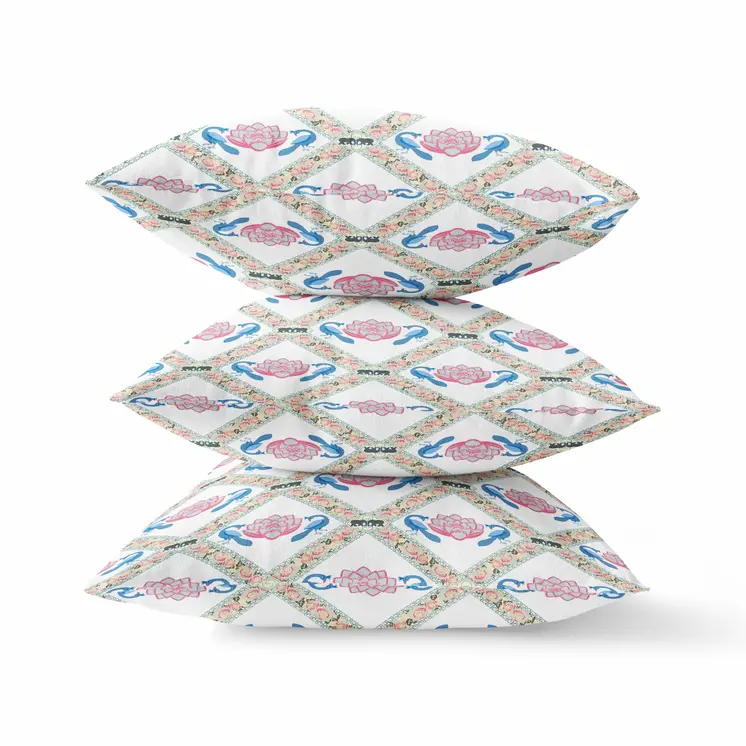 20" X 20" White Blue Gray Lotus Floral Blown Seam Suede Throw Pillow