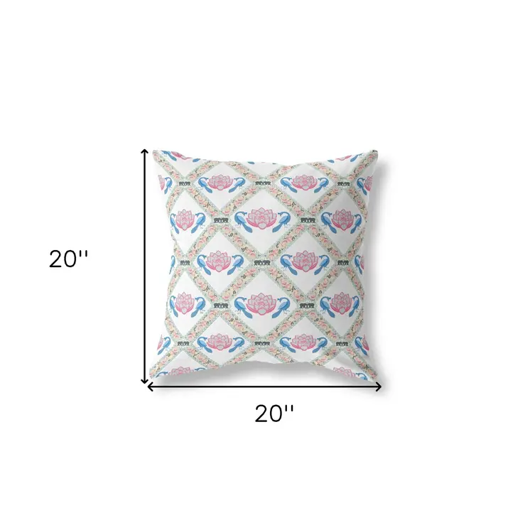 20" X 20" White Blue Gray Lotus Floral Blown Seam Suede Throw Pillow
