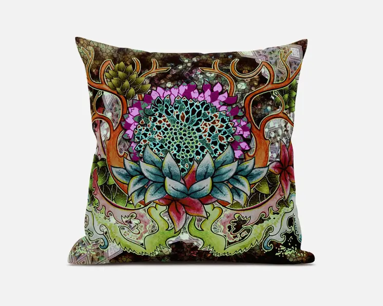 20” Green Orange Flower Bloom Suede Throw Pillow