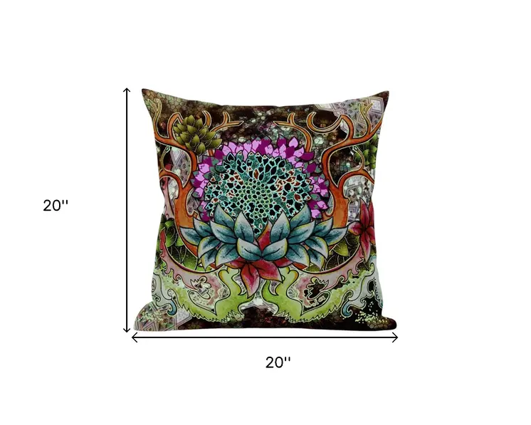 20” Green Orange Flower Bloom Suede Throw Pillow