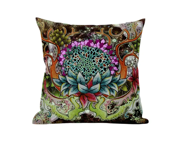 20” Green Orange Flower Bloom Suede Throw Pillow