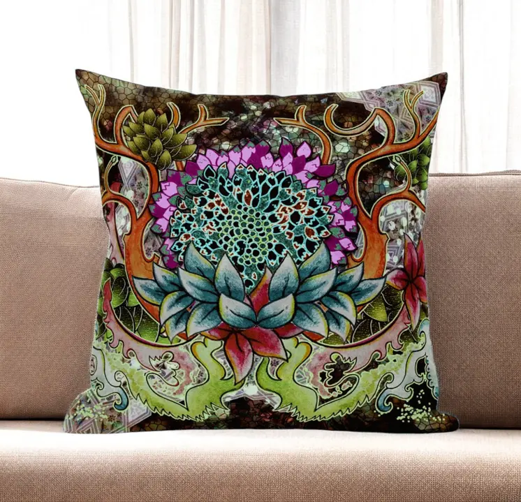 20” Green Orange Flower Bloom Suede Throw Pillow