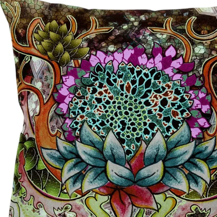 20” Green Orange Flower Bloom Suede Throw Pillow
