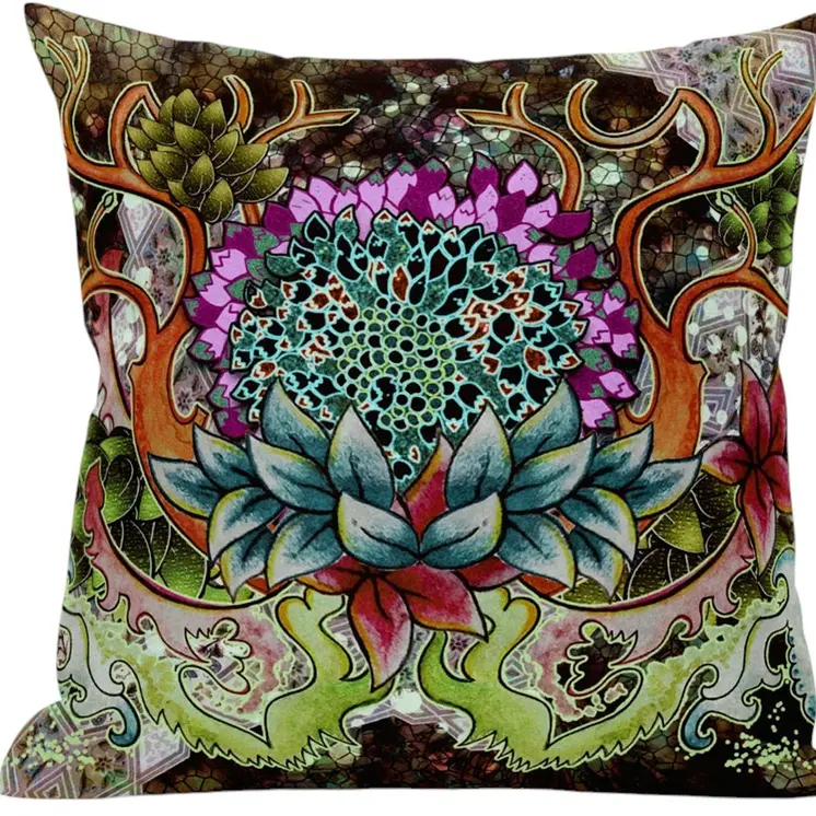 20” Green Orange Flower Bloom Suede Throw Pillow