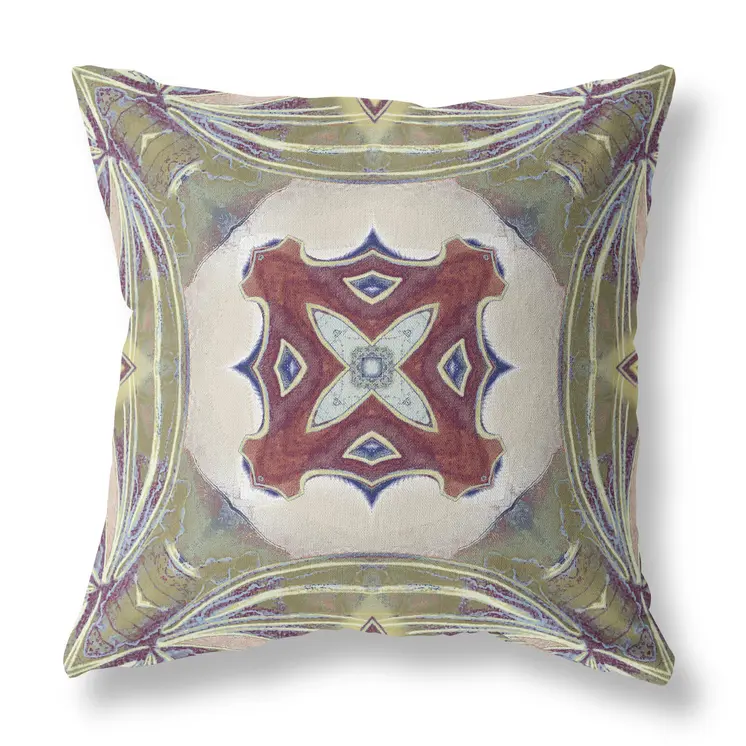 16” Green Brown Geo Tribal Suede Throw Pillow
