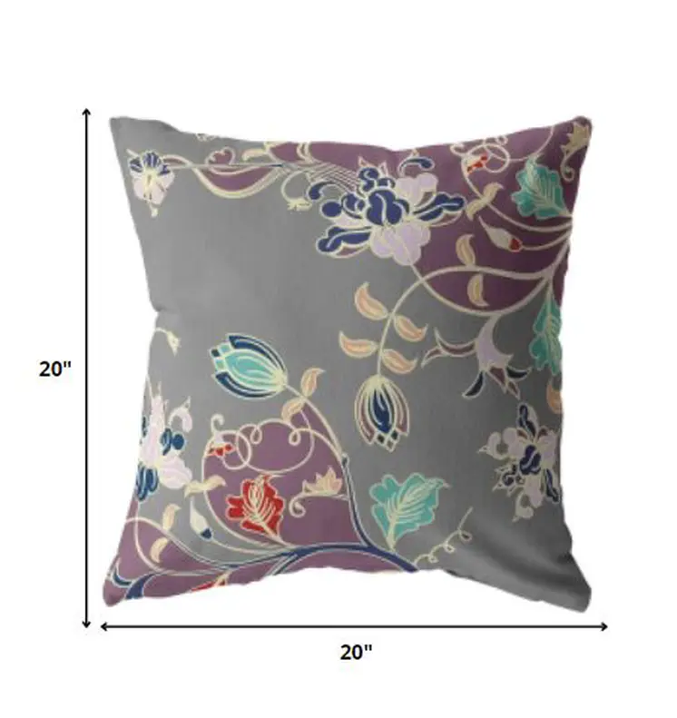 20" Purple Gray Garden Indoor Outdoor Throw Pillow