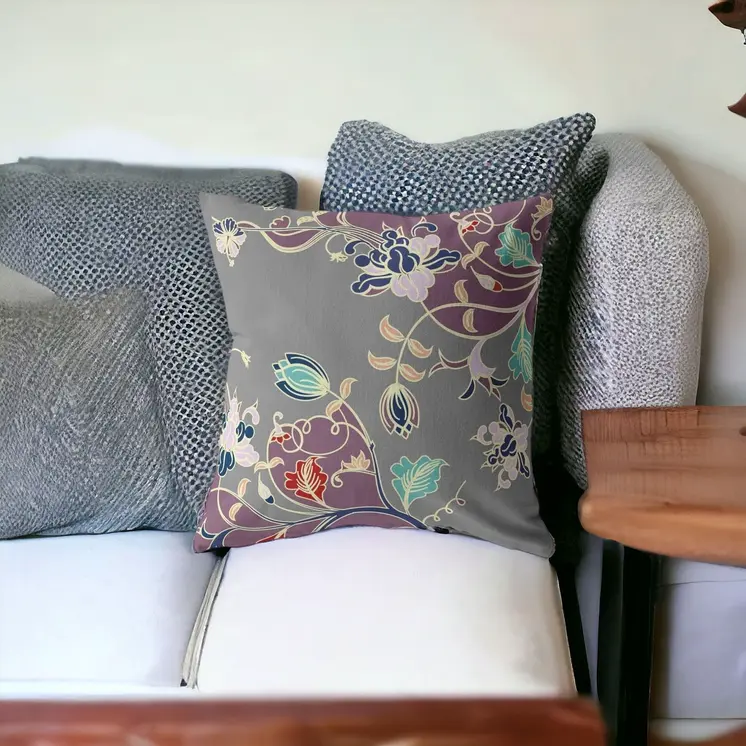 20" Purple Gray Garden Indoor Outdoor Throw Pillow