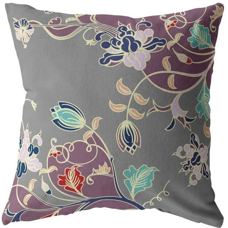 26" Purple Gray Garden Indoor Outdoor Throw Pillow
