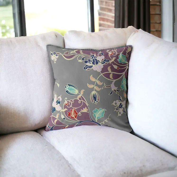 28" Purple Gray Garden Indoor Outdoor Throw Pillow
