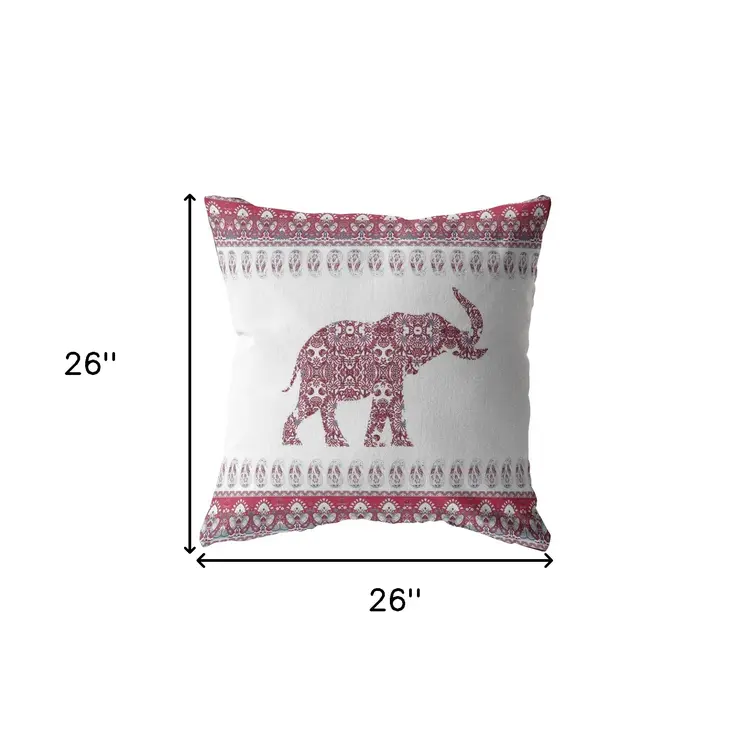 26” Red White Ornate Elephant Indoor Outdoor Throw Pillow