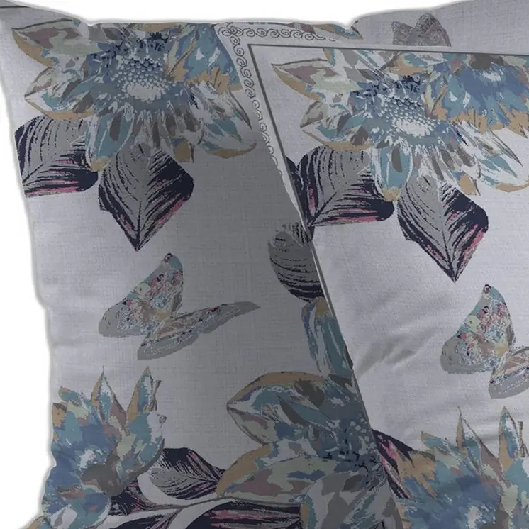 18” Gray White Butterfly Indoor Outdoor Throw Pillow