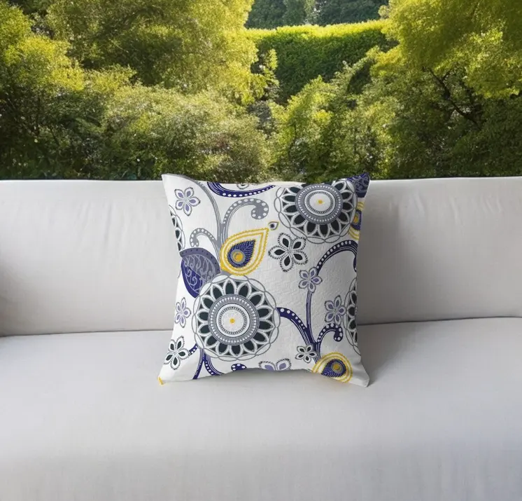 28” Navy White Floral Indoor Outdoor Throw Pillow