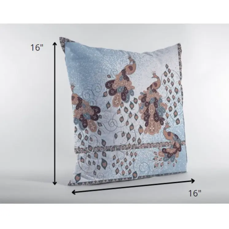 16” Blue Brown Boho Bird Indoor Outdoor Throw Pillow