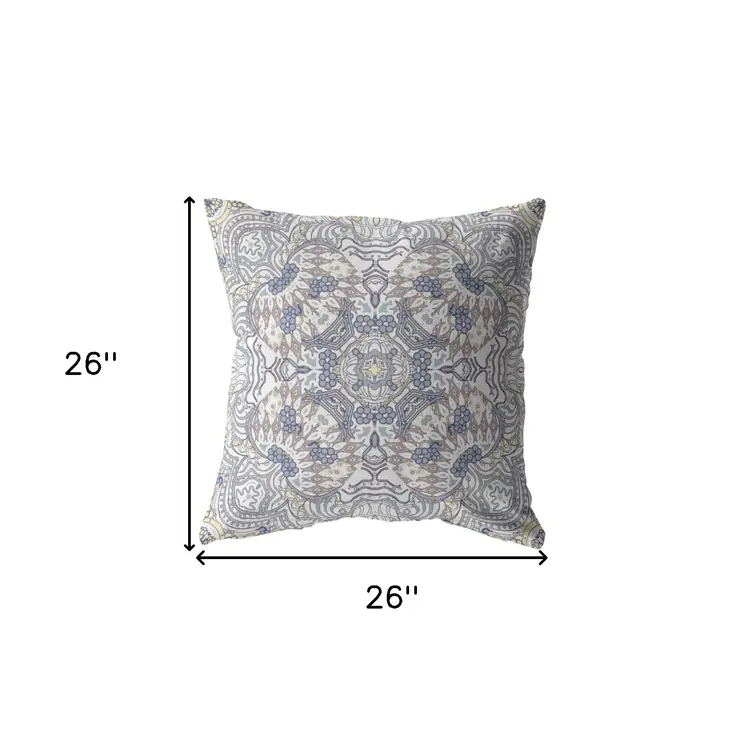 26” Yellow Gray Boho Ornate Indoor Outdoor Throw Pillow