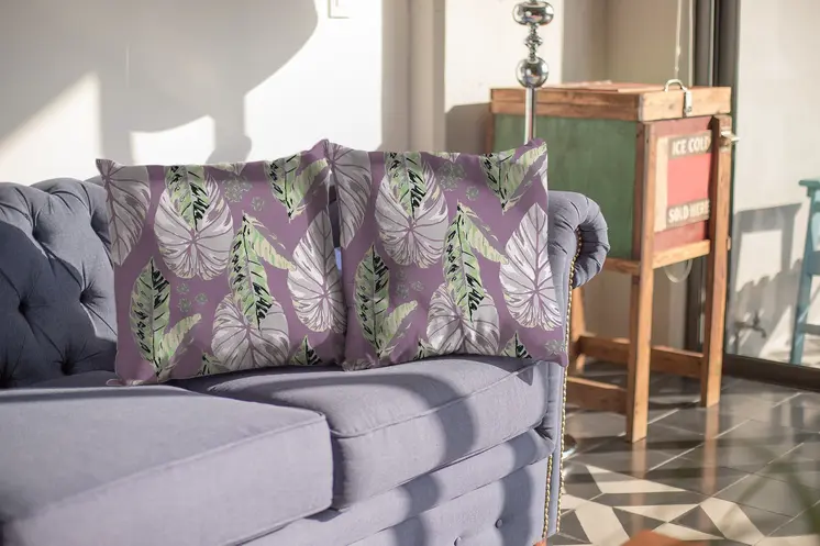 26” White Purple Tropical Leaf Indoor Outdoor Throw Pillow