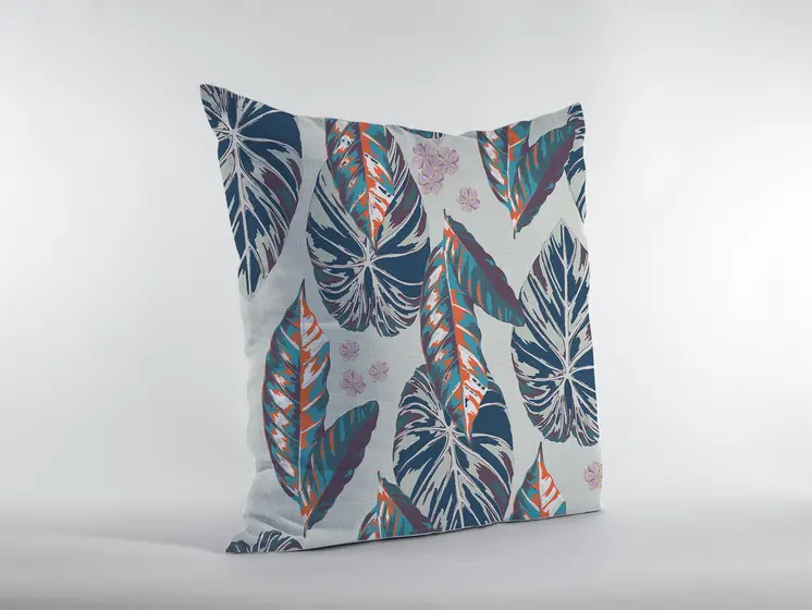 20” Blue Gray Tropical Leaf Indoor Outdoor Throw Pillow