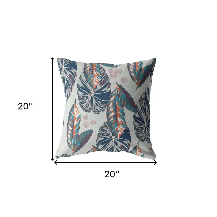 20” Blue Gray Tropical Leaf Indoor Outdoor Throw Pillow