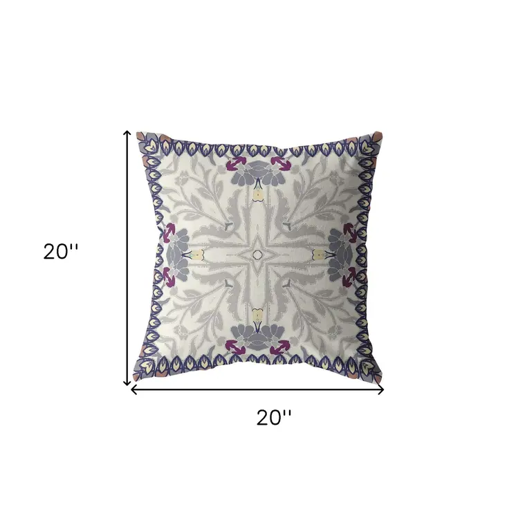 20" Gray Floral Frame Indoor Outdoor Zippered Throw Pillow