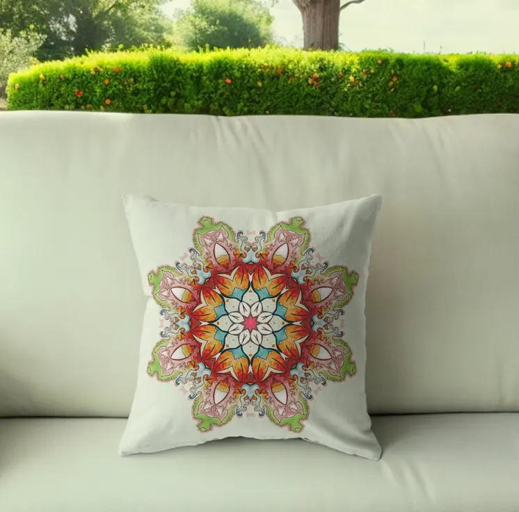 18" Orange Green Mandala Indoor Outdoor Zip Throw Pillow