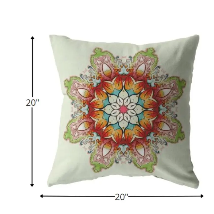 20" Orange Green Mandala Indoor Outdoor Zip Throw Pillow
