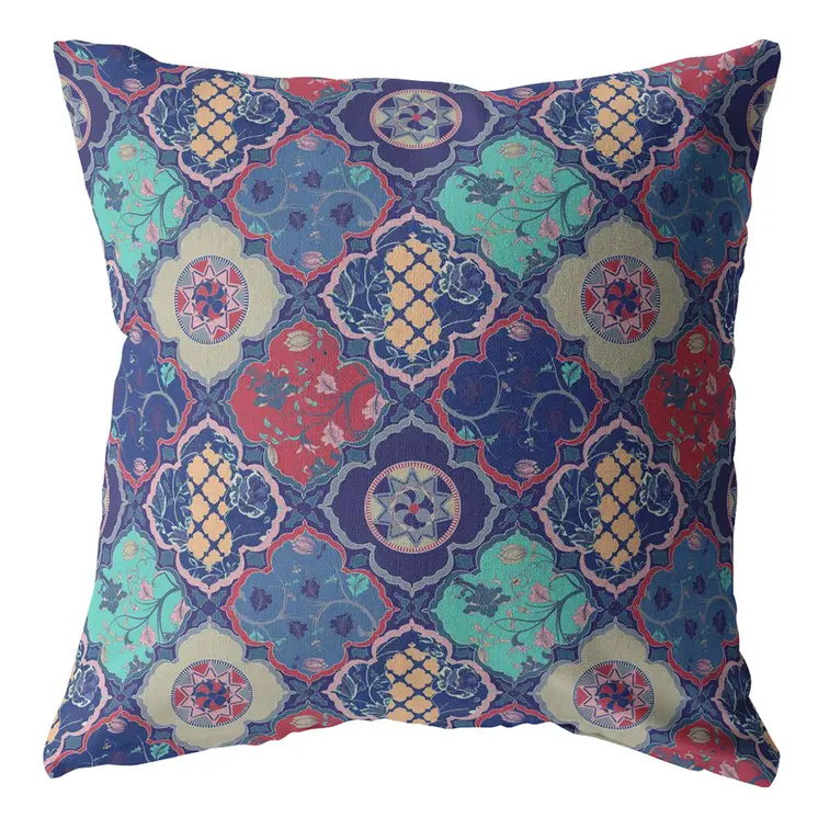 26” Navy Red Trellis Indoor Outdoor Zippered Throw Pillow
