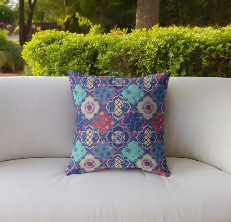 26” Navy Red Trellis Indoor Outdoor Zippered Throw Pillow