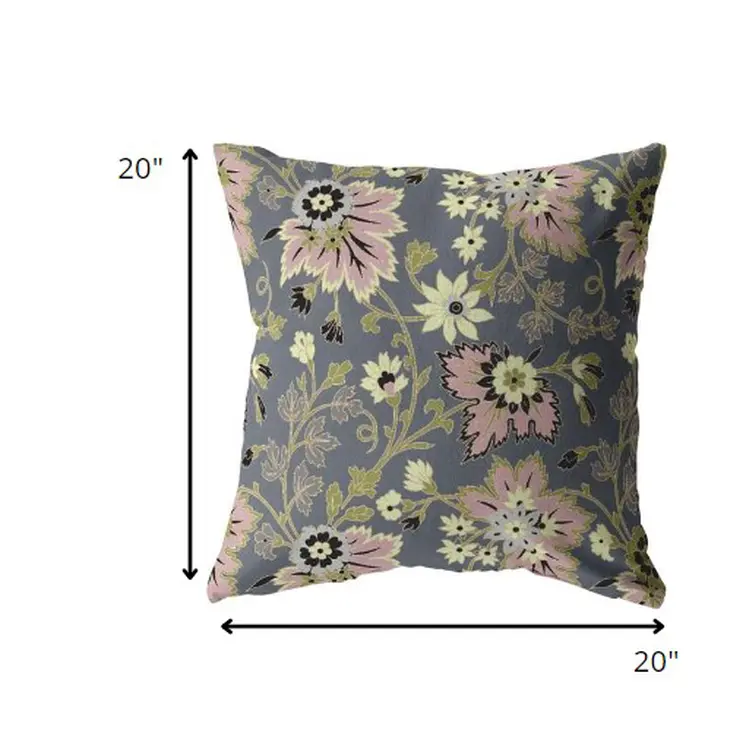 20” Gray Pink Jacobean Indoor Outdoor Zippered Throw Pillow