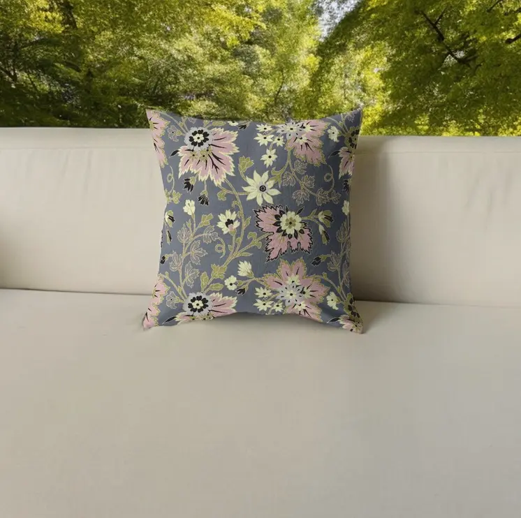 20” Gray Pink Jacobean Indoor Outdoor Zippered Throw Pillow