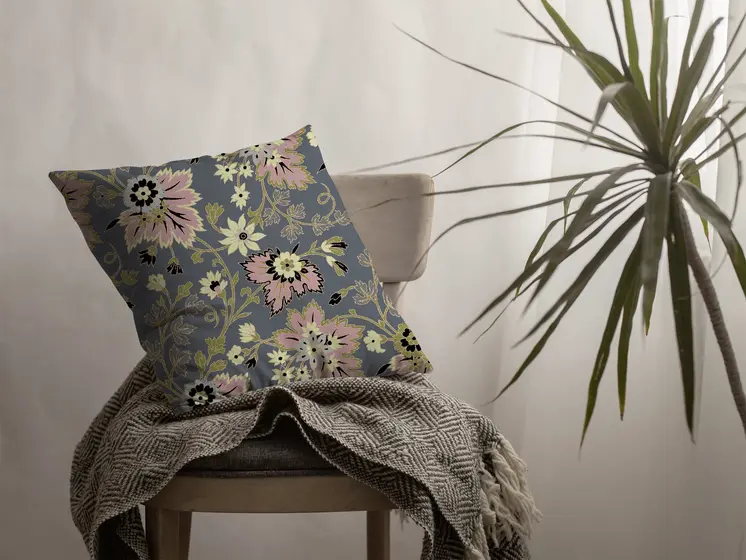 26” Gray Pink Jacobean Indoor Outdoor Zippered Throw Pillow