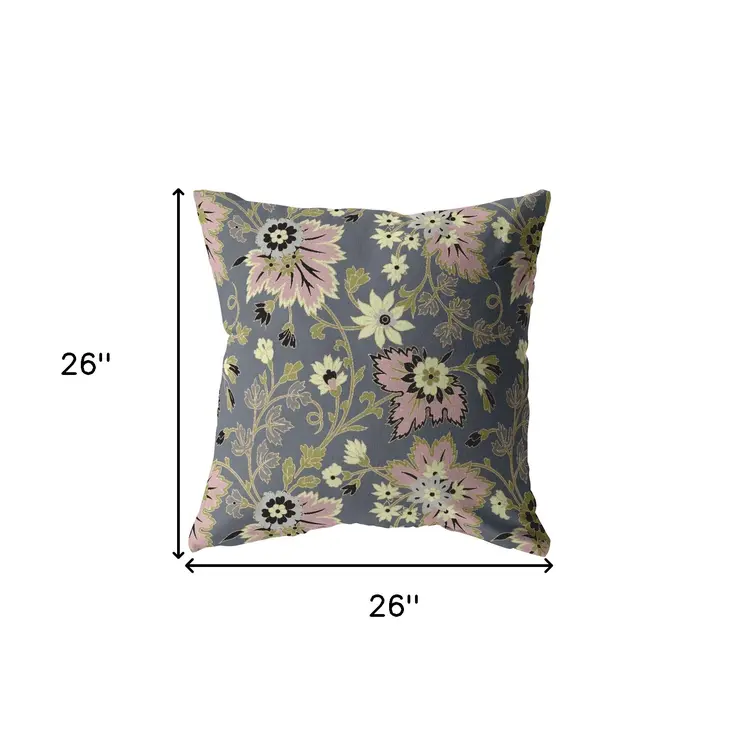 26” Gray Pink Jacobean Indoor Outdoor Zippered Throw Pillow