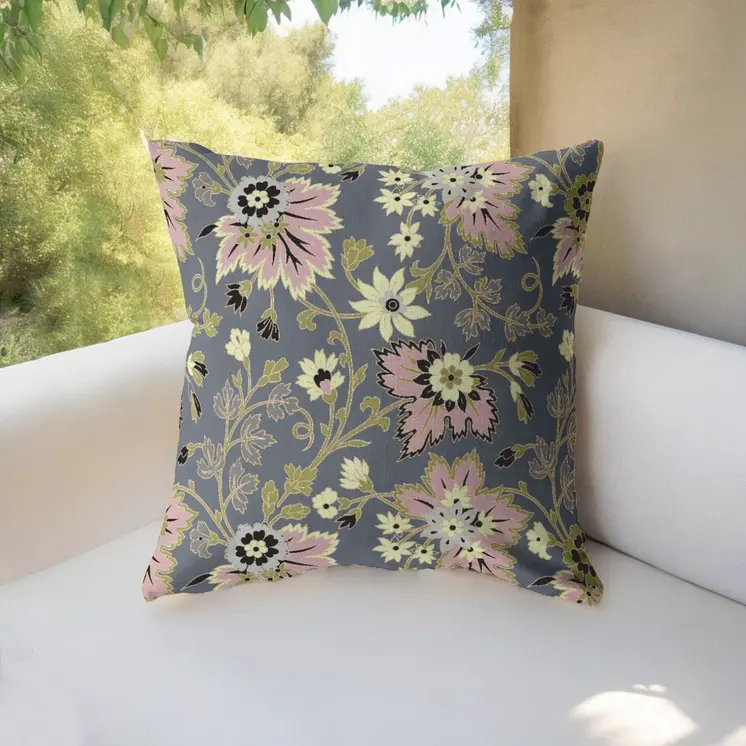 26” Gray Pink Jacobean Indoor Outdoor Zippered Throw Pillow