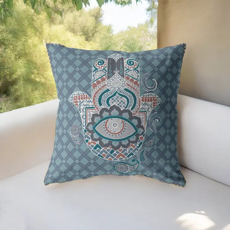 18” Slate Blue Hamsa Indoor Outdoor Zippered Throw Pillow