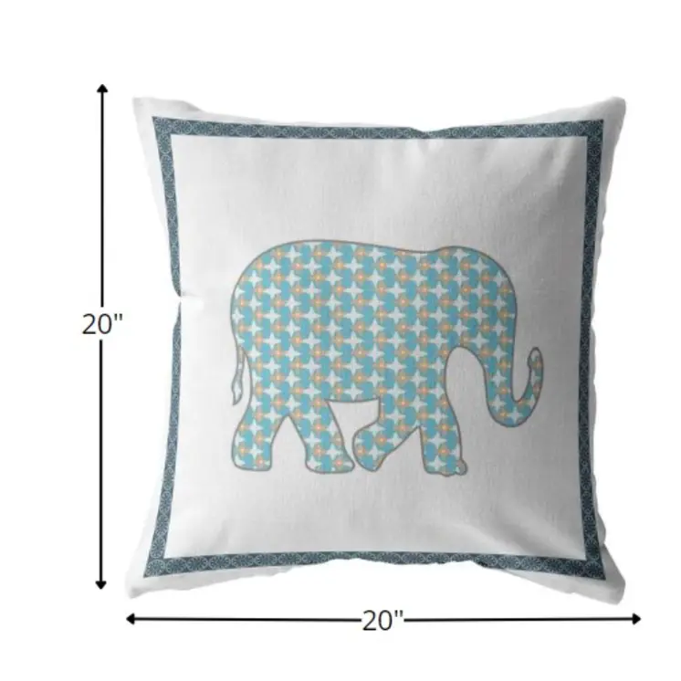 20” Blue White Elephant Indoor Outdoor Zippered Throw Pillow