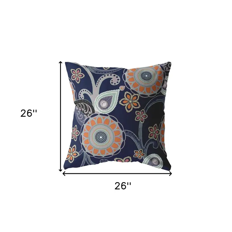 26” Indigo Orange Floral Indoor Outdoor Zippered Throw Pillow