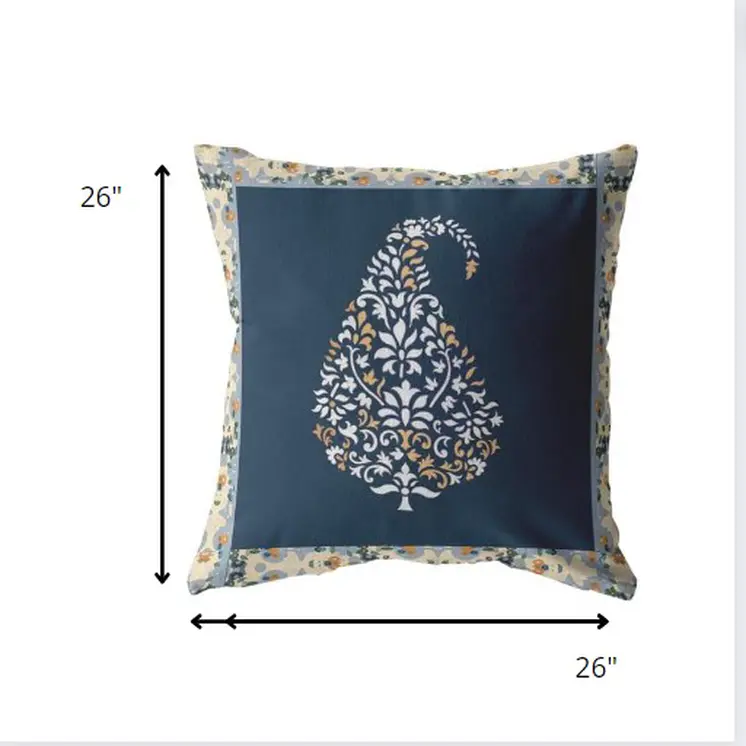 26” Orange Navy Paisley Indoor Outdoor Zippered Throw Pillow