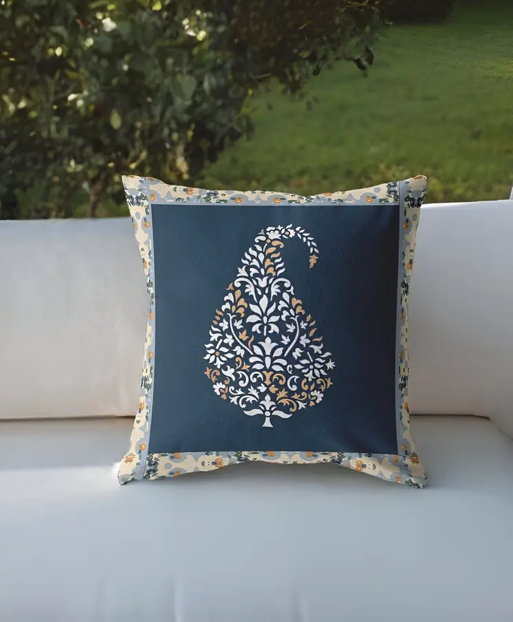 26” Orange Navy Paisley Indoor Outdoor Zippered Throw Pillow