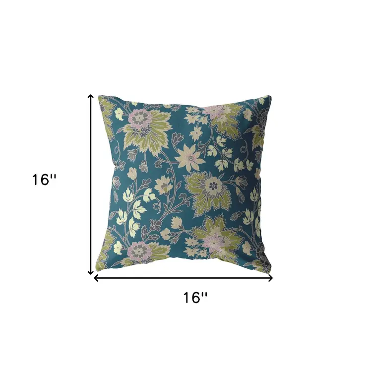 16” Teal Green Jacobean Suede Throw Pillow