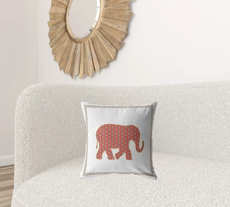 18” Orange White Elephant Boho Suede Throw Pillow