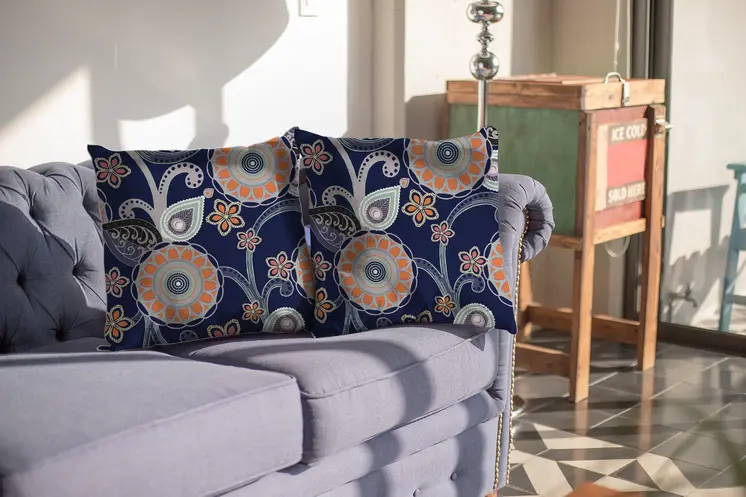 20” Indigo Orange Floral Suede Throw Pillow