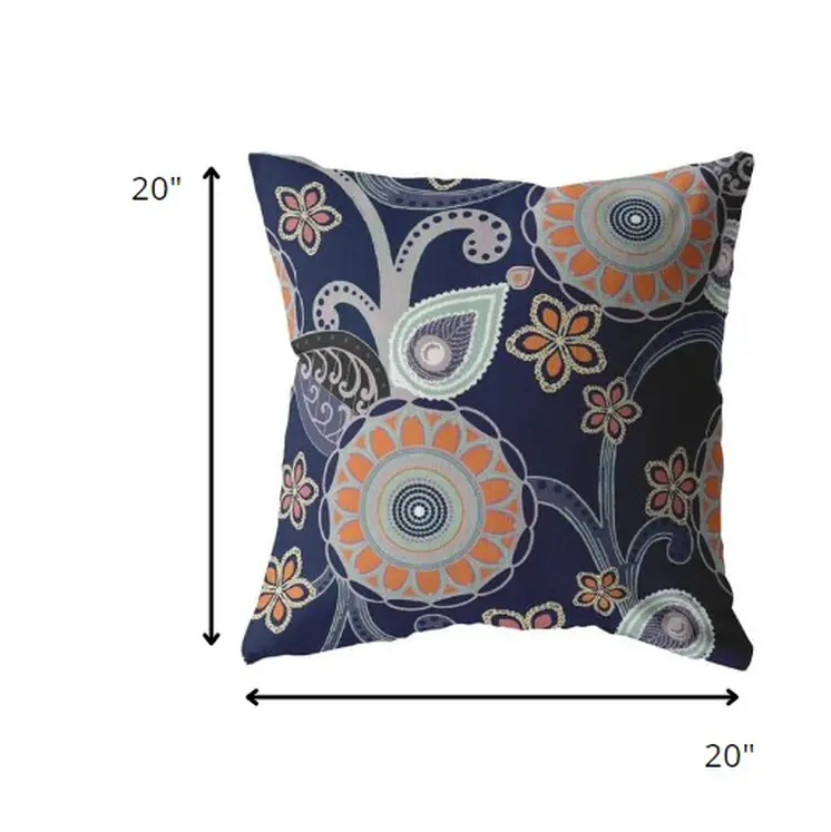 20” Indigo Orange Floral Suede Throw Pillow