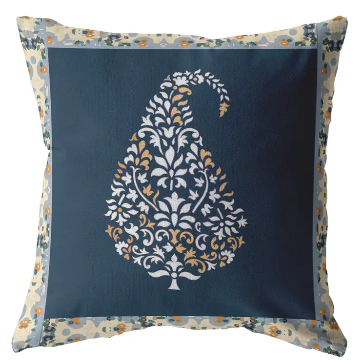 18” Orange Navy Paisley Suede Decorative Throw Pillow