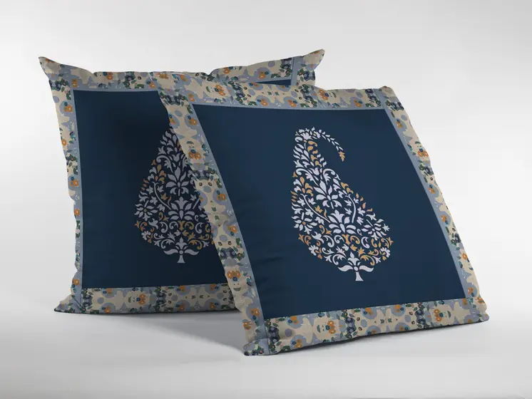 18” Orange Navy Paisley Suede Decorative Throw Pillow