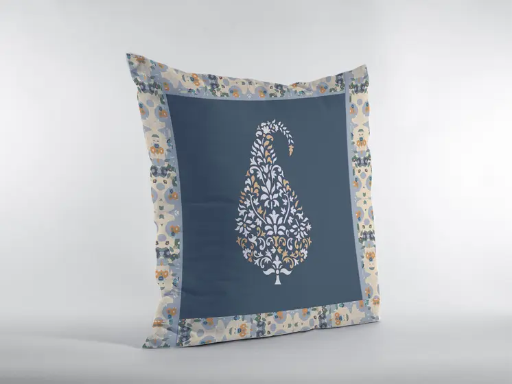 18” Orange Navy Paisley Suede Decorative Throw Pillow