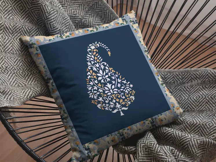 18” Orange Navy Paisley Suede Decorative Throw Pillow
